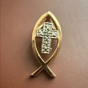 Gold and Silver Fish Symbol Pendant Charm with Cross